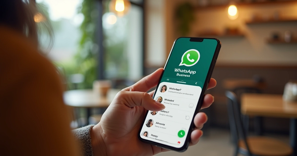 Pessoa digitando no WhatsApp Business em um balcão de atendimento