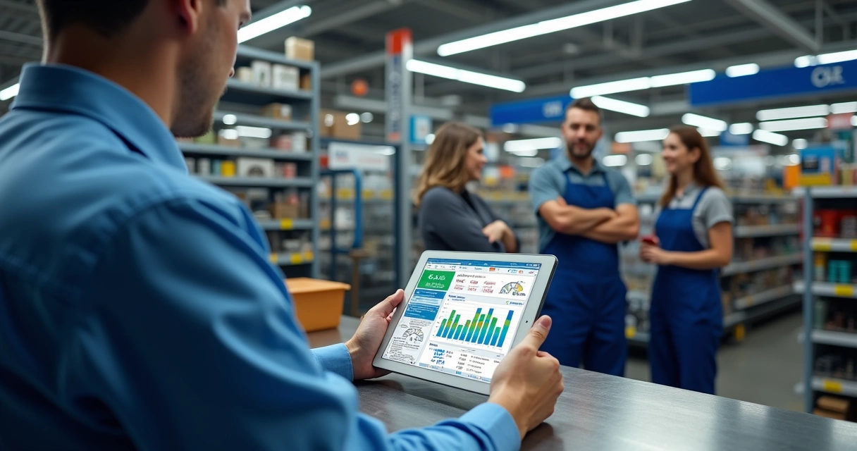 Funcionário consulta relatório digital em autopeças 