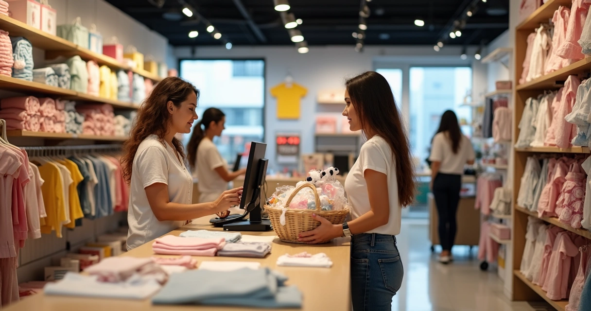 Lojista em caixa de loja infantil atendendo cliente com produtos infantis ao fundo 