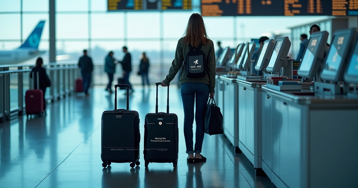 Passageira organizando bagagem de viagem no balcão de check-in internacional 
