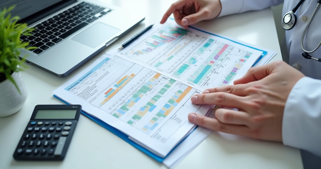 Mesa com planilhas, computador e calculadora em consultório médico 