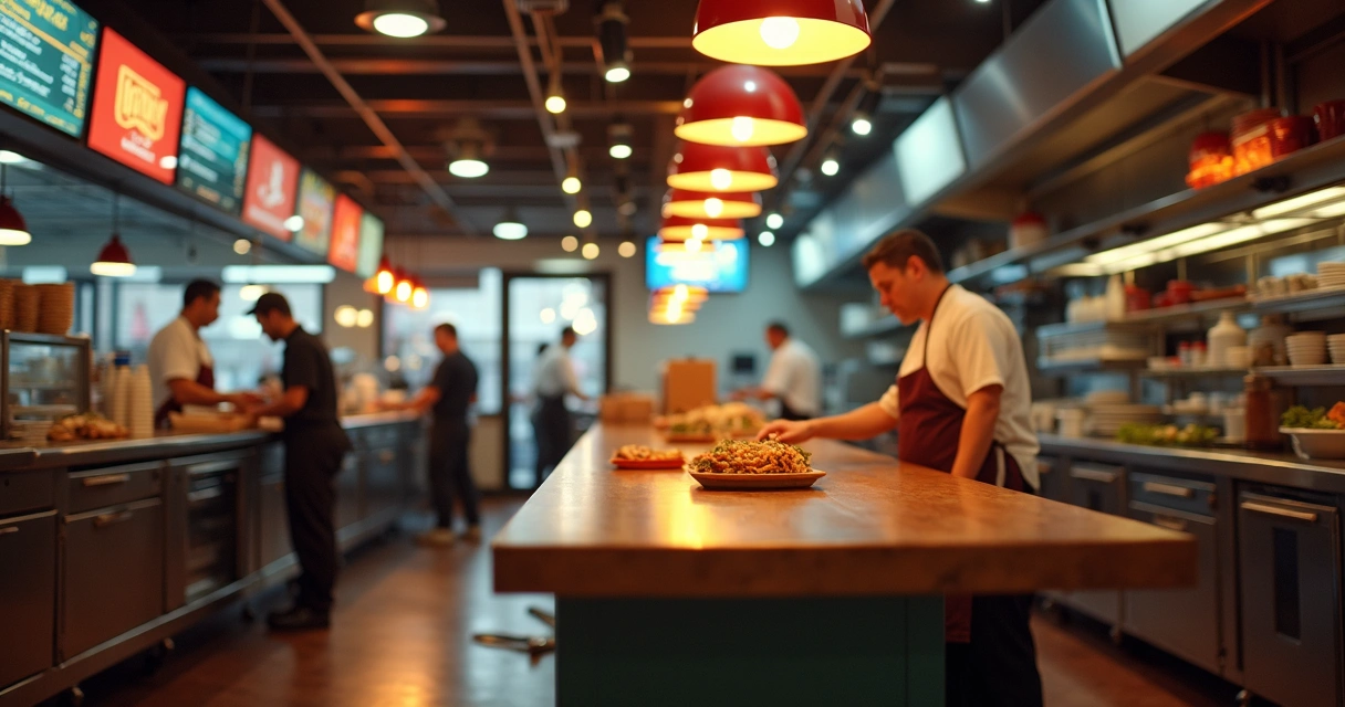 Balcão de restaurante delivery movimentado com pedidos chegando 