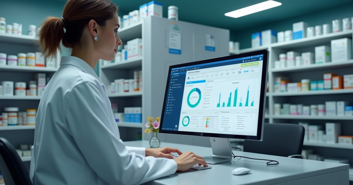 Balcão de farmácia com computador e sistema digital aberto 