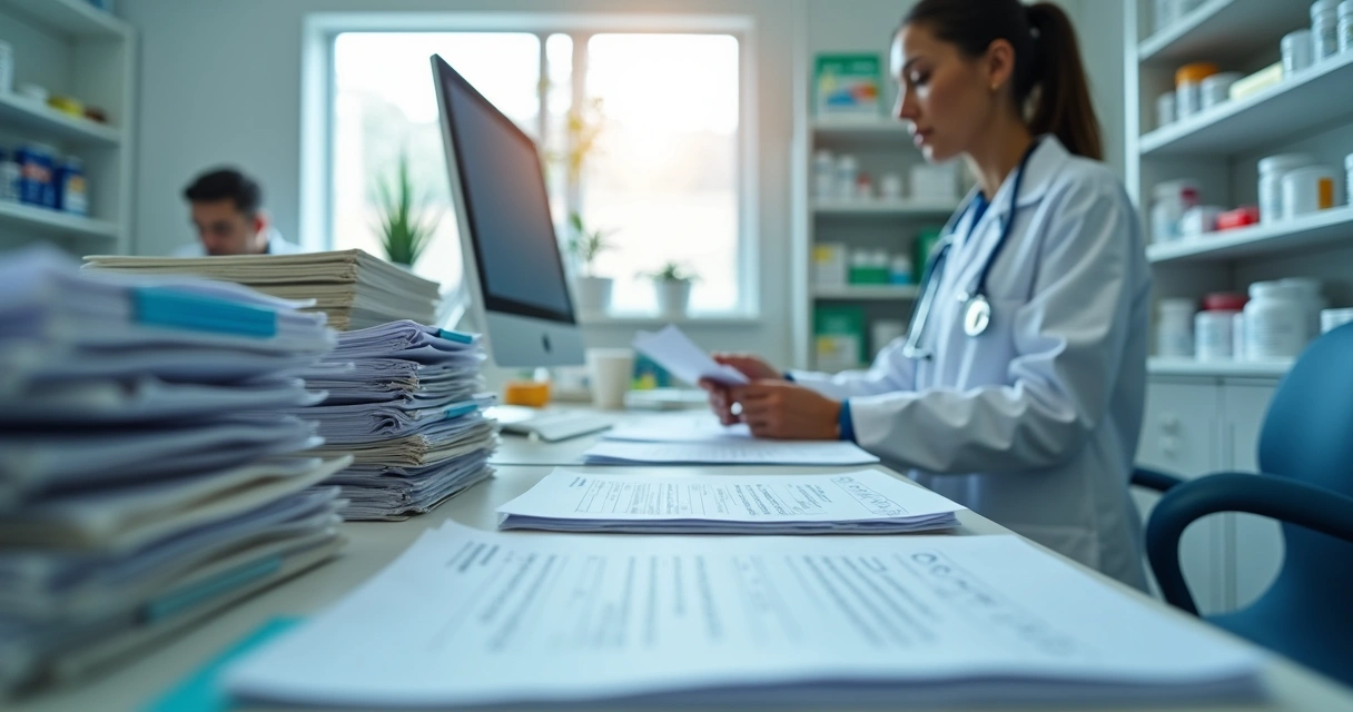Balcão de farmácia com vários documentos e papéis organizados 