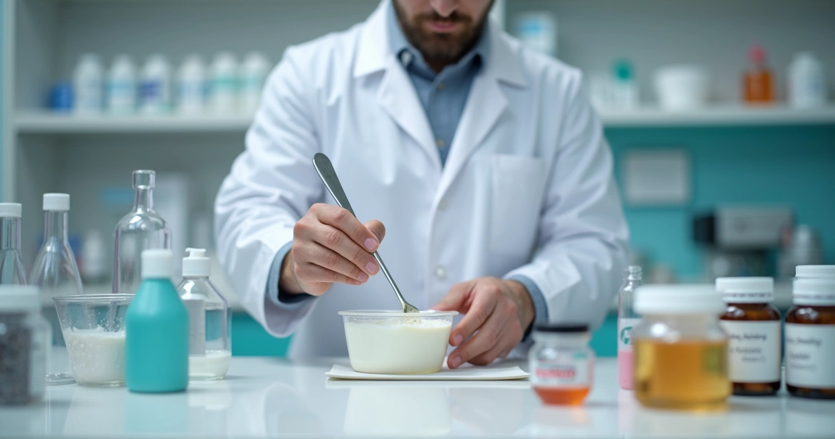 Farmacêutico preparando creme em farmácia de manipulação 