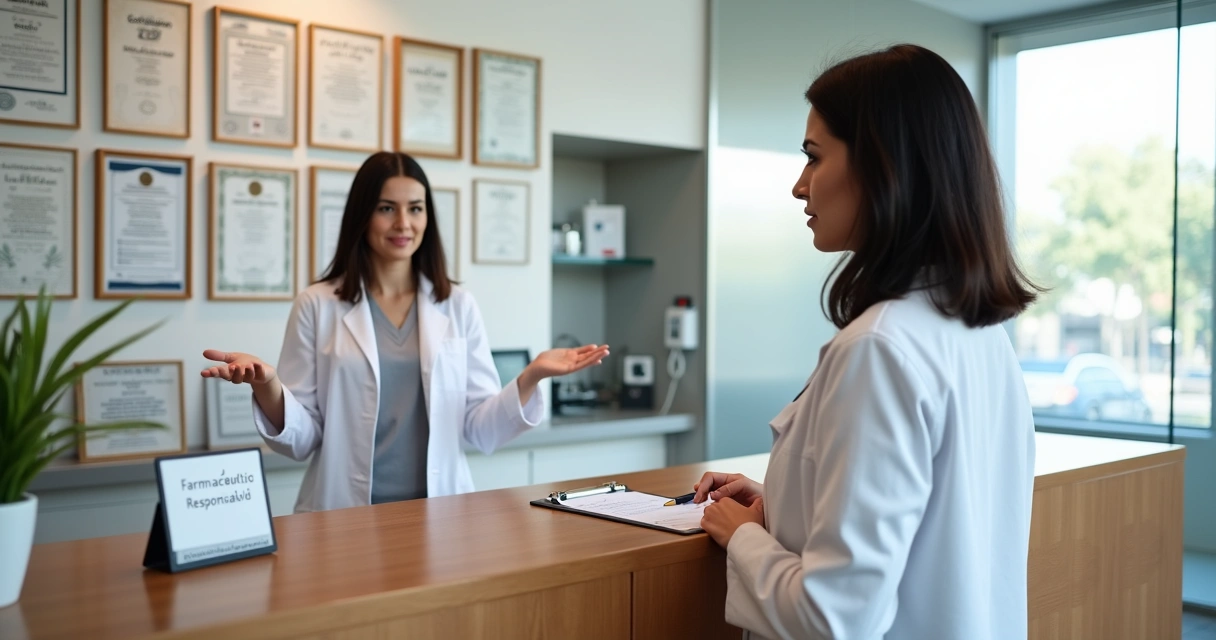 Mulher avalia exposição de licenciças em balcão de farmácia de manipulação 