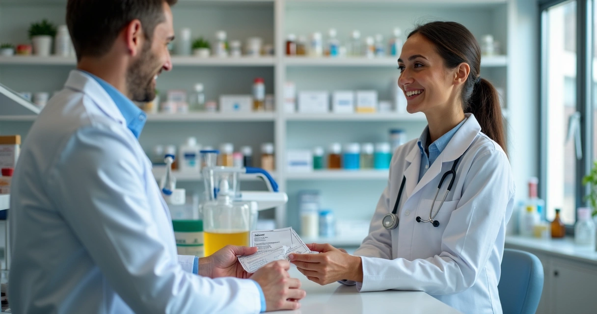 Farmacêutica atendendo paciente no balcão com medicamentos manipulados embalados ao fundo 