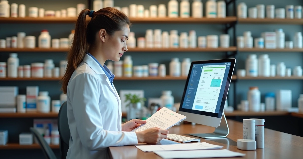 Farmacêutico conferindo receita no balcão da farmácia com medicamentos controlados ao fundo