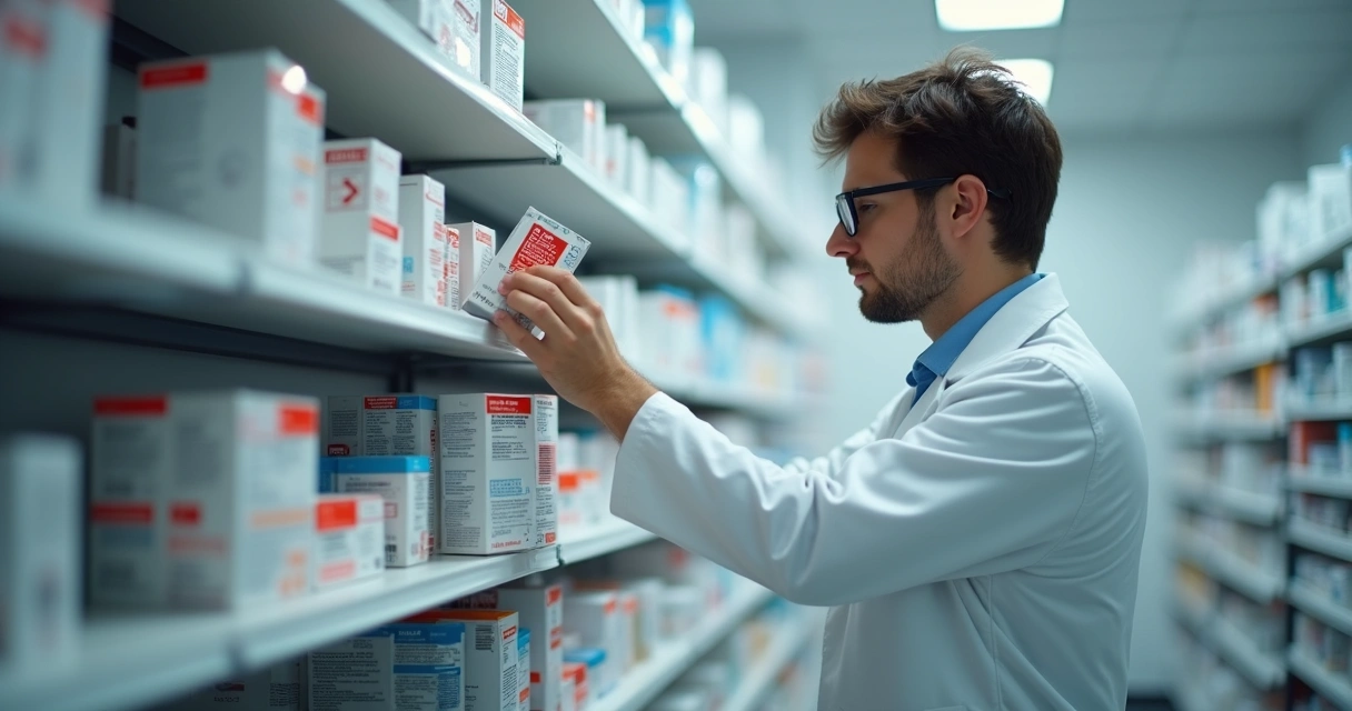Funcionário de farmácia retira medicamentos de prateleira 
