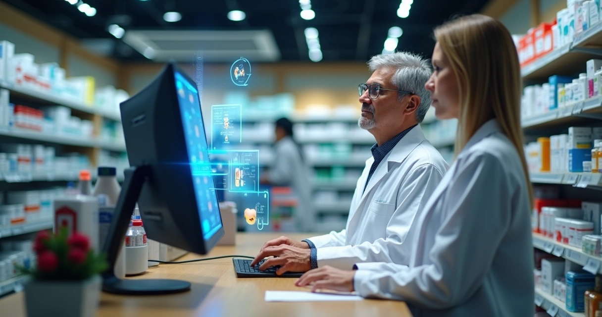 Balção de farmácia com sistemas digitais e farmacêutico fazendo cadastro digital 