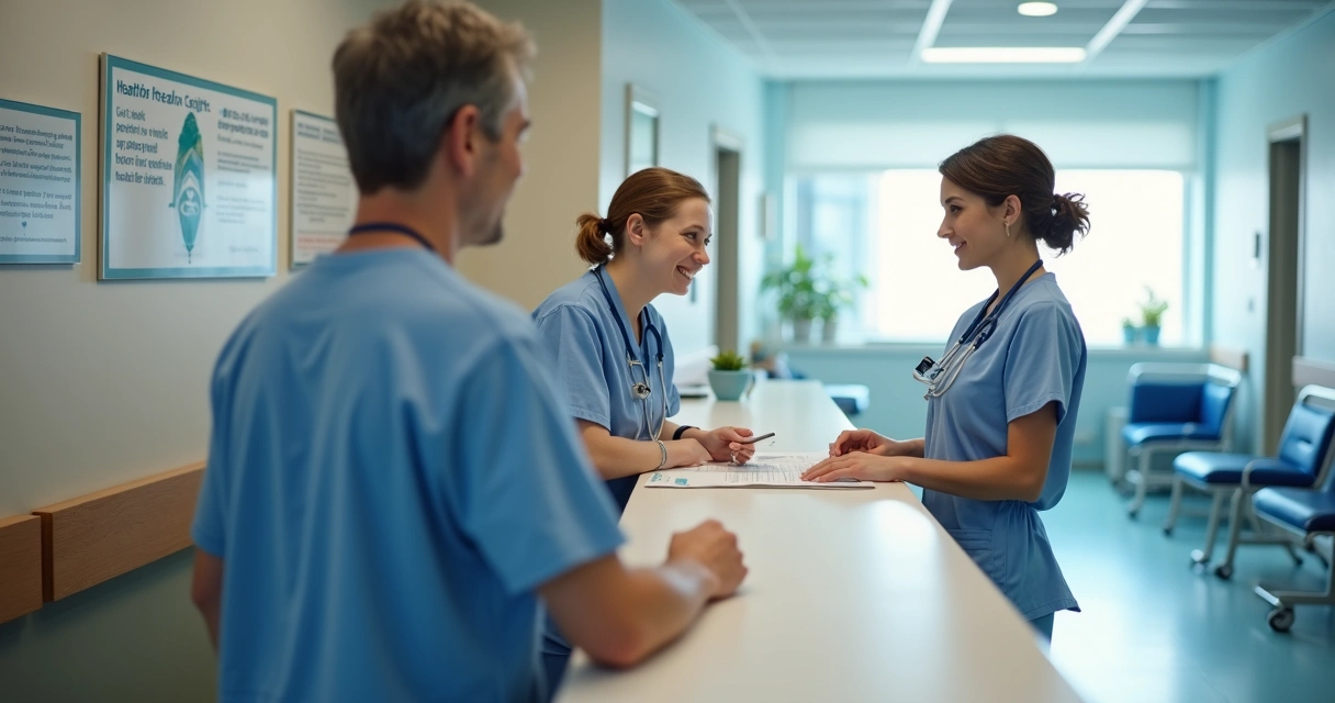 Paciente em balcão de hospital conversando com atendente sobre recusa de atendimento 