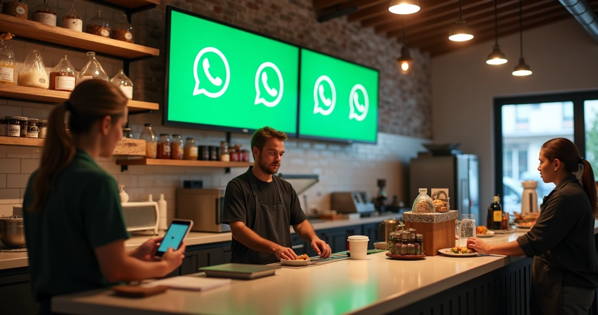 Balcão de restaurante com tela de automação mostrando integração com WhatsApp 