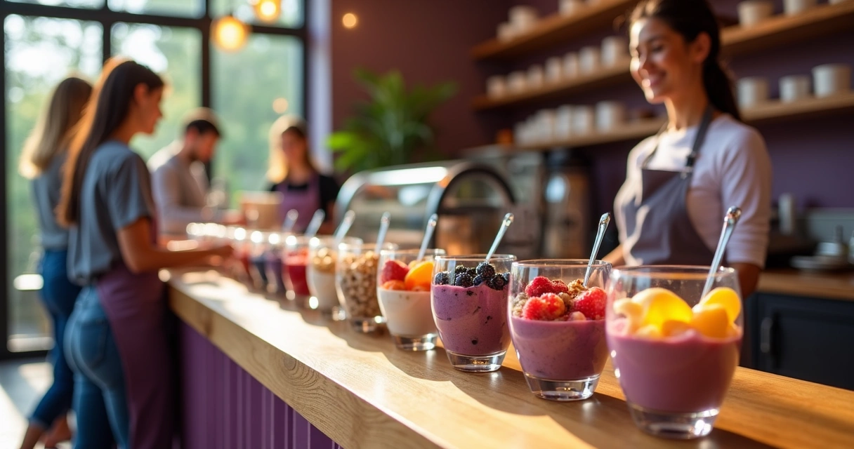 Balcão de loja de açaí com pessoas escolhendo. 