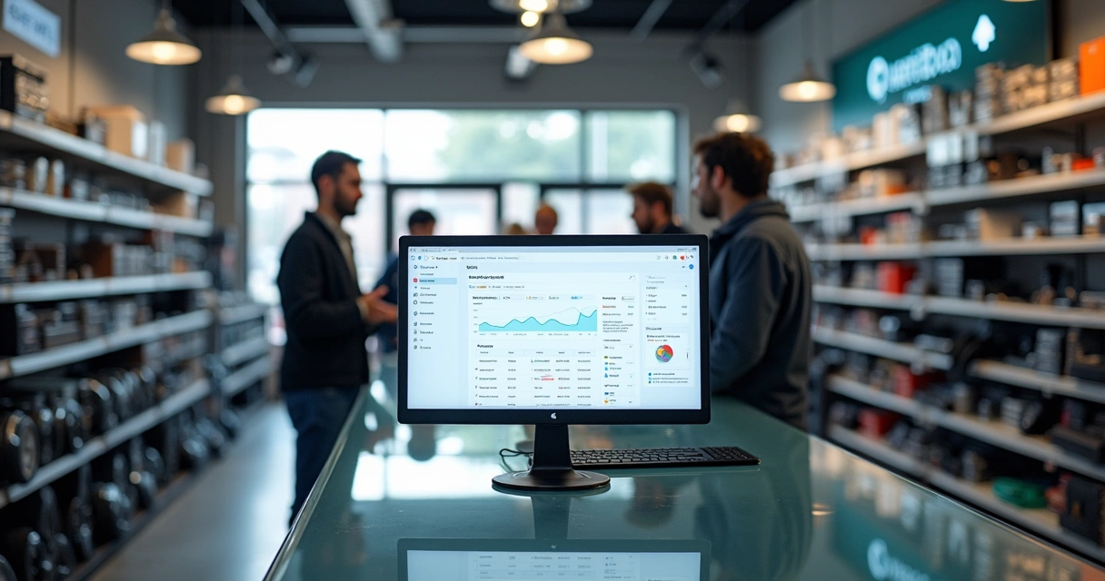 Balcão de loja de autopeças com computador exibindo painel do Google Ads 