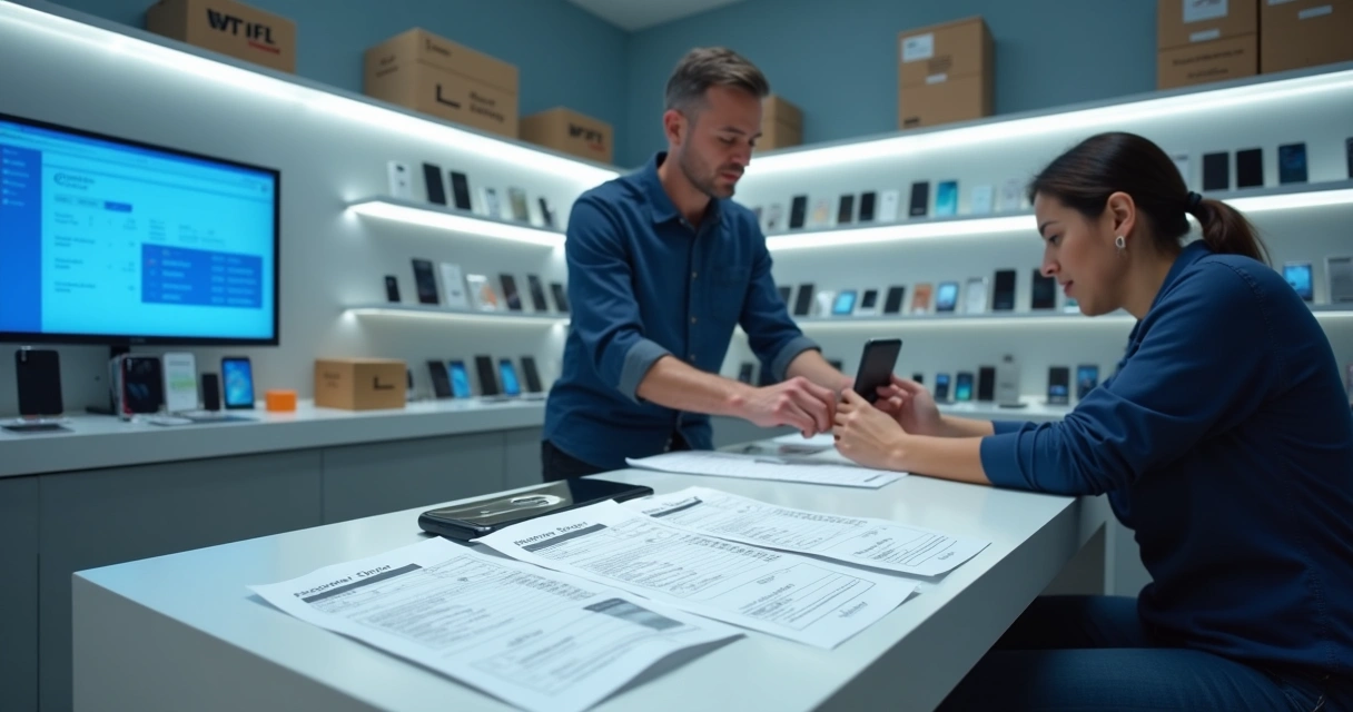 Balcão de loja de celular com técnico e documentos fiscais 