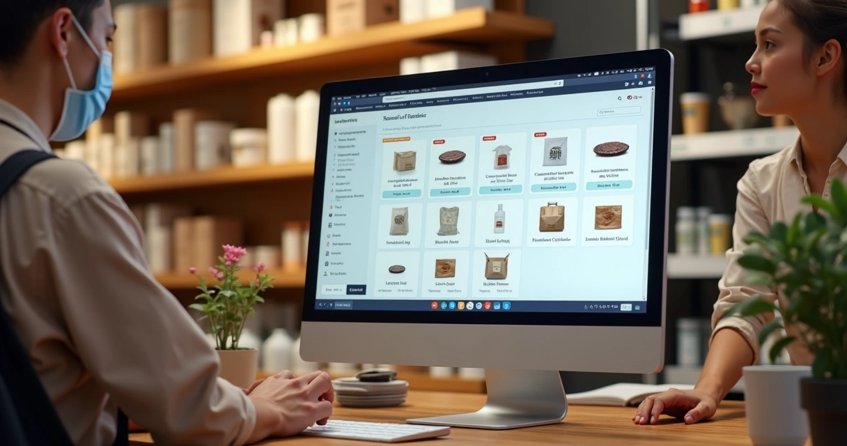 Balcão de loja física e tela de e-commerce comparados lado a lado