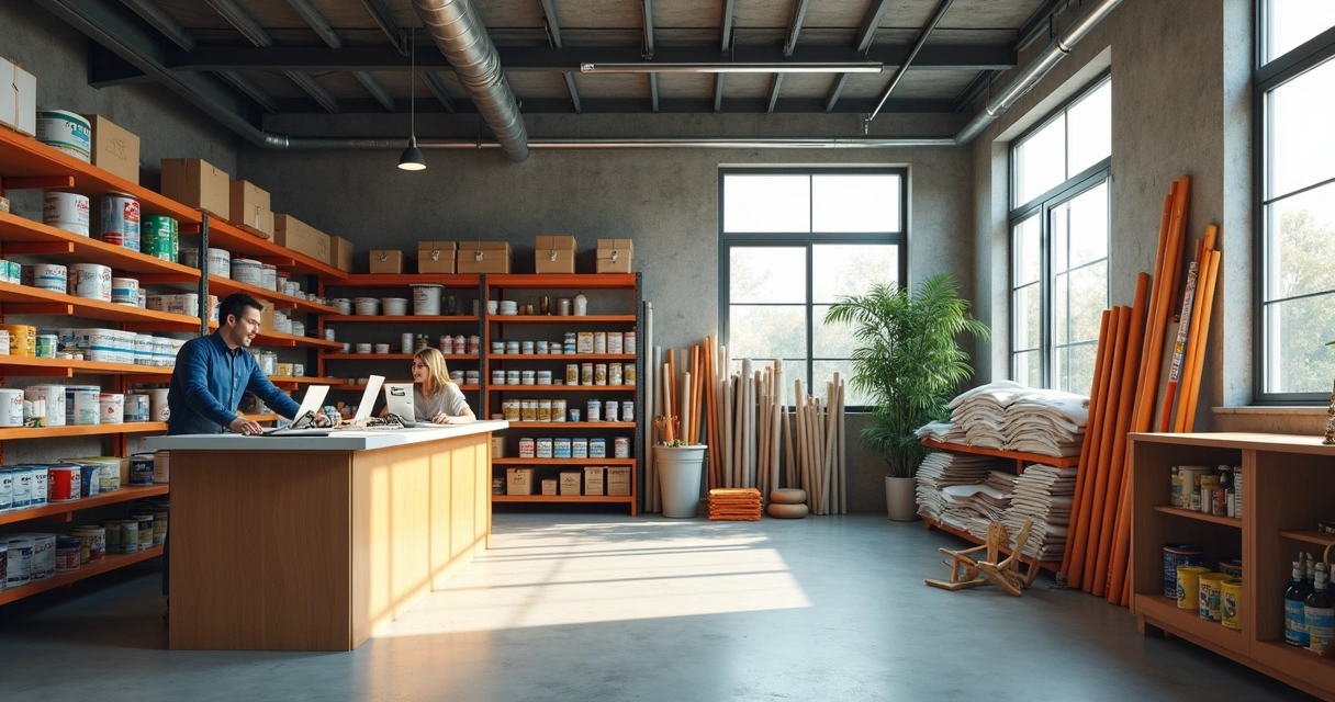 Balcão de loja de materiais de construção com atendente e prateleiras organizadas