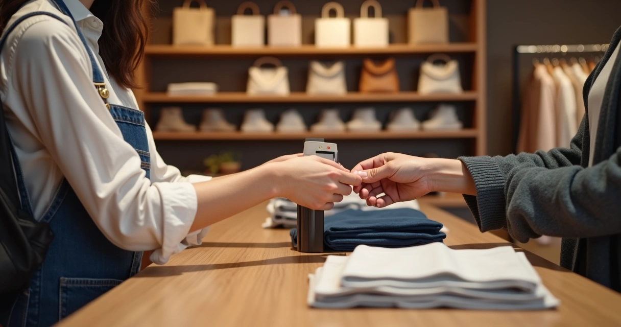 Cliente pagando por roupas no balcão da loja 