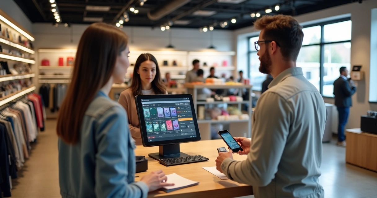 Pessoa atendendo clientes no balcão de loja com tela de PDV aberta