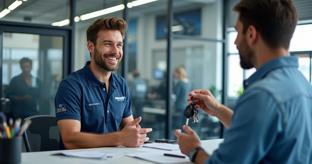 Atendente conversando com cliente em balcão de oficina 