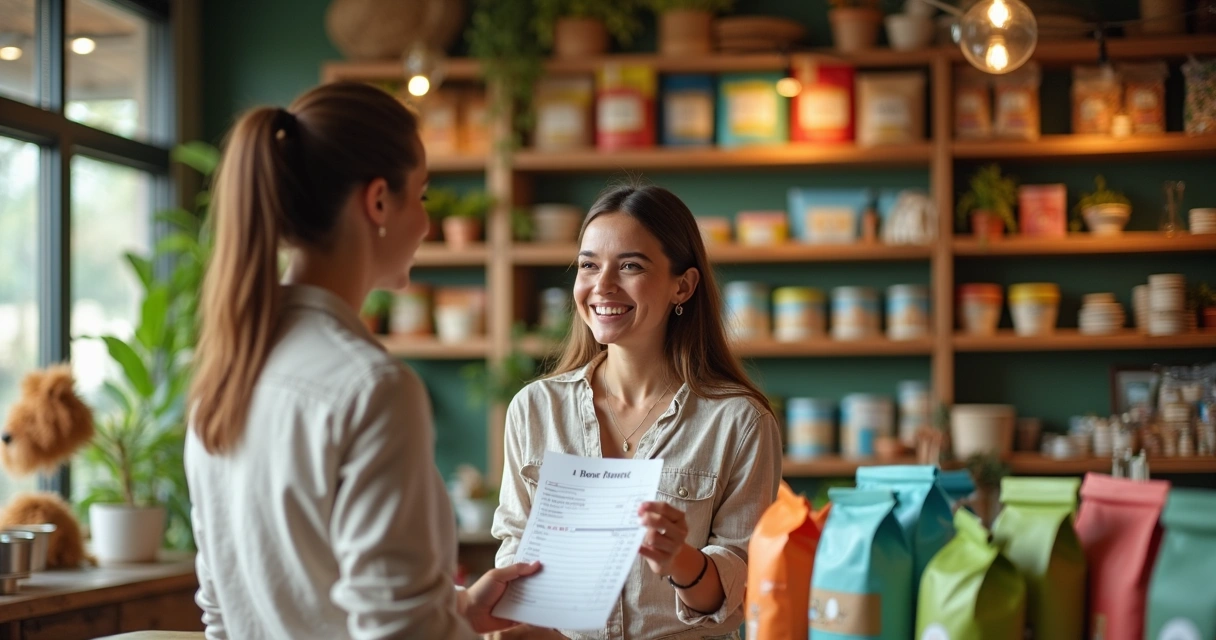 Fim do ICMS-ST nas Rações e Produtos Pet em SP: o que pet shops e lojas de ração precisam fazer agora? 1 Dona de pet shop mostrando nota fiscal ao cliente em balcão moderno, prateleiras com sacos de ração e itens para pets ao fundo