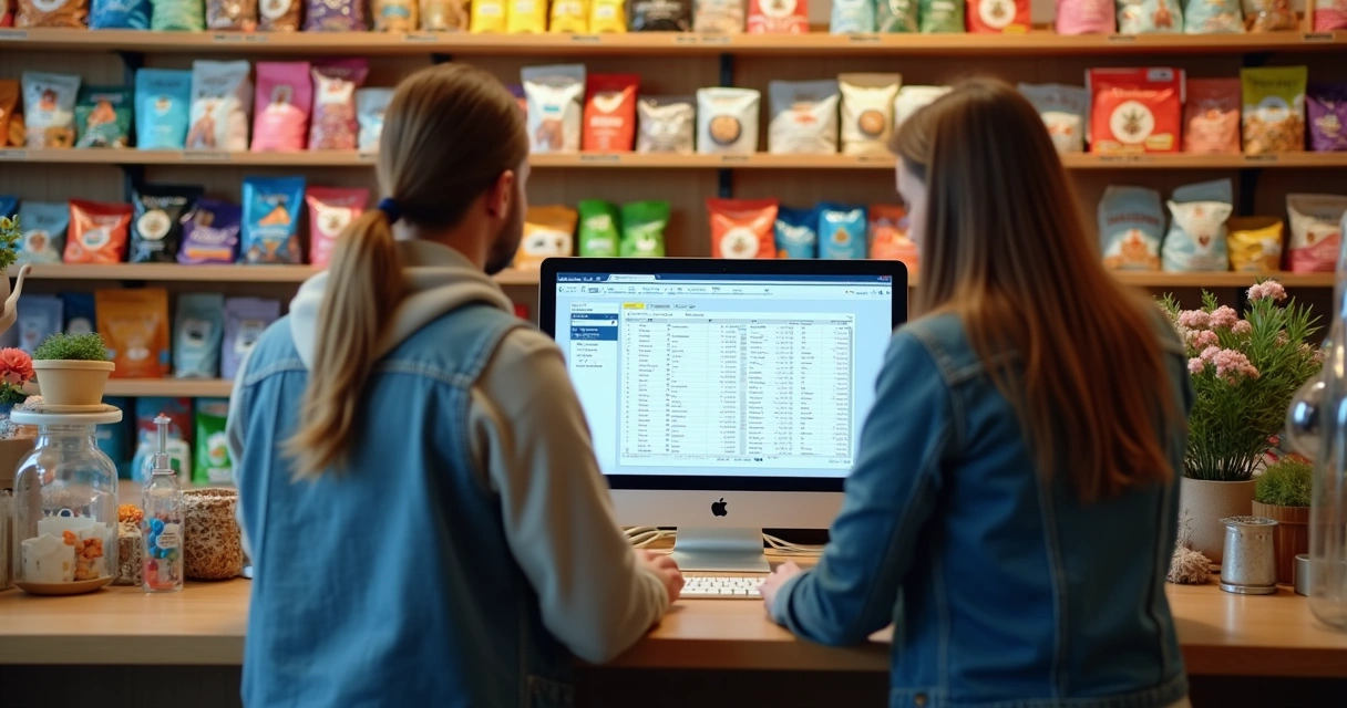 Duas pessoas conferindo estoque em pet shop usando sistema computadorizado 