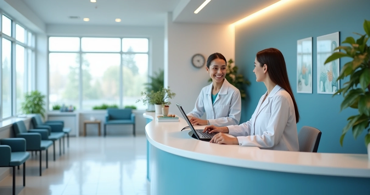 Recepcionista atendendo paciente no balcão da clínica