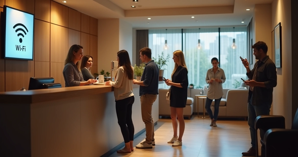 Fila pequena na recepção do hotel, recepcionista sorridente e hóspede usando Wi-Fi sem papelada 