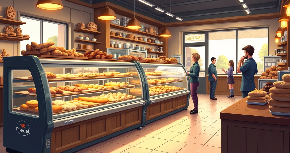Balcão refrigerado em padaria com produtos expostos 