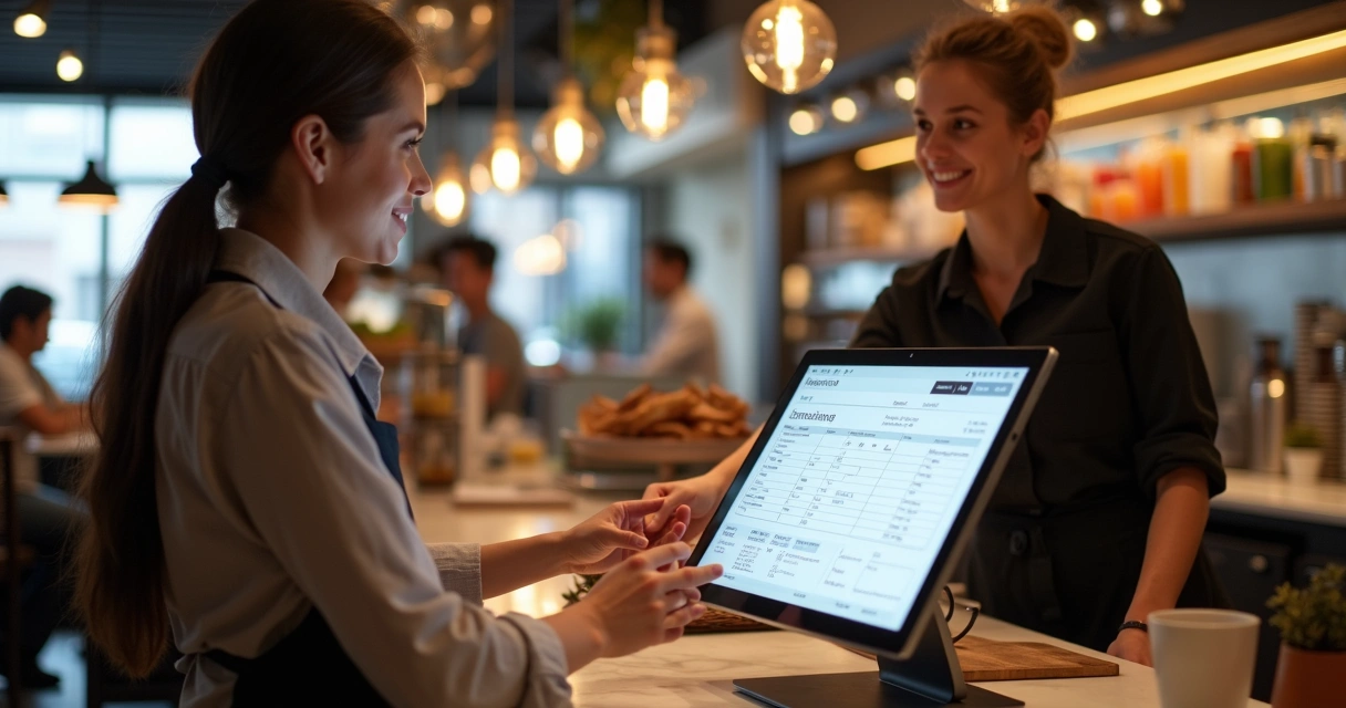Atendente de restaurante gerando nota fiscal eletrônica para cliente em balcão, ambiente moderno.