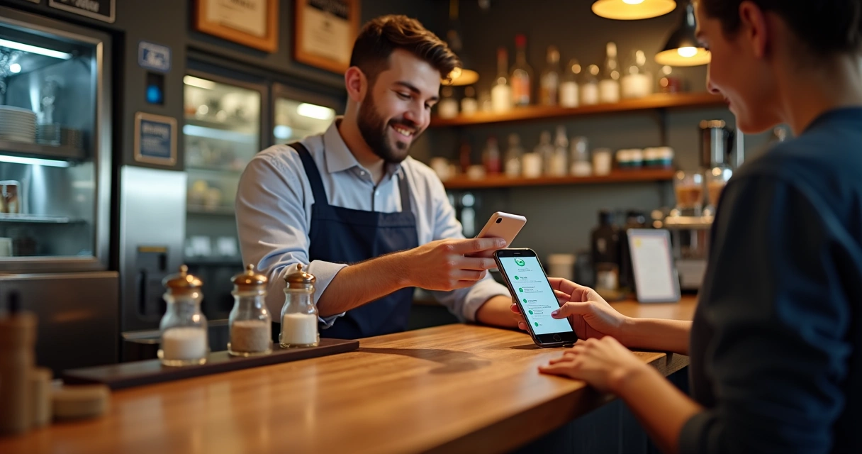 Garçom atende um cliente usando WhatsApp no balcão 