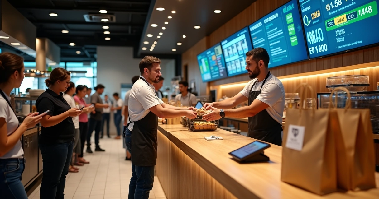 Balcão de retirada organizado em restaurante com equipe atendendo fila de clientes 