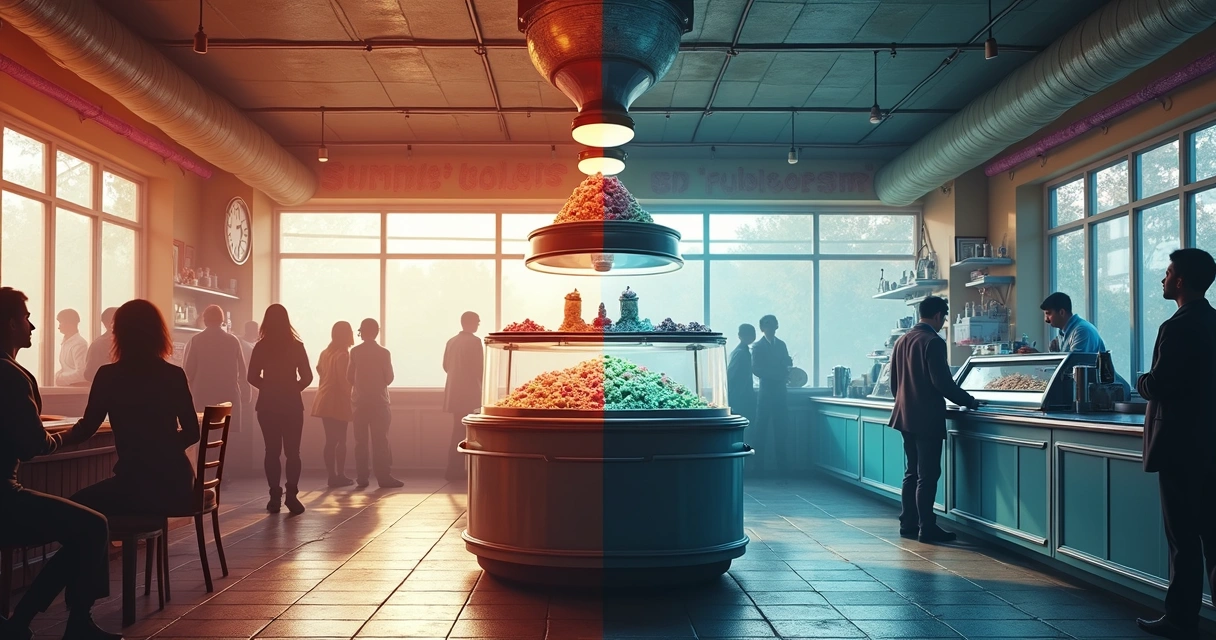 Balcão de sorveteria com movimento e vazio no inverno do outro lado 