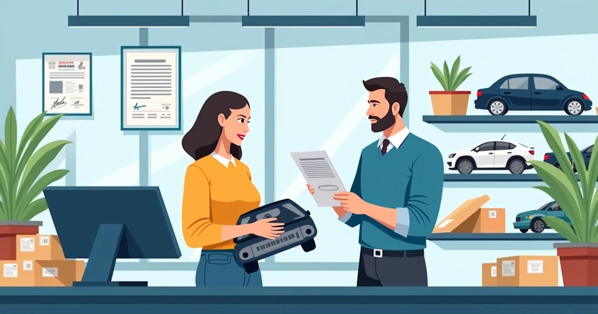 Balcão de autopeças com cliente e vendedor analisando peça usada