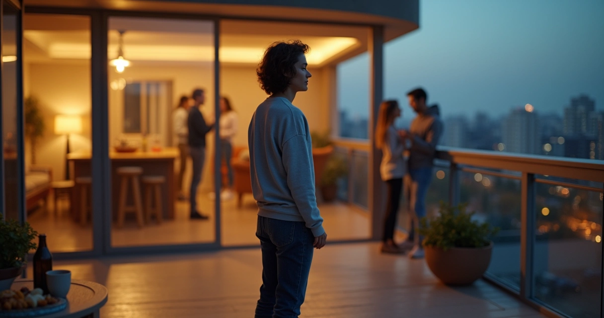 Person at balcony railing facing two groups of blurred friends behind 