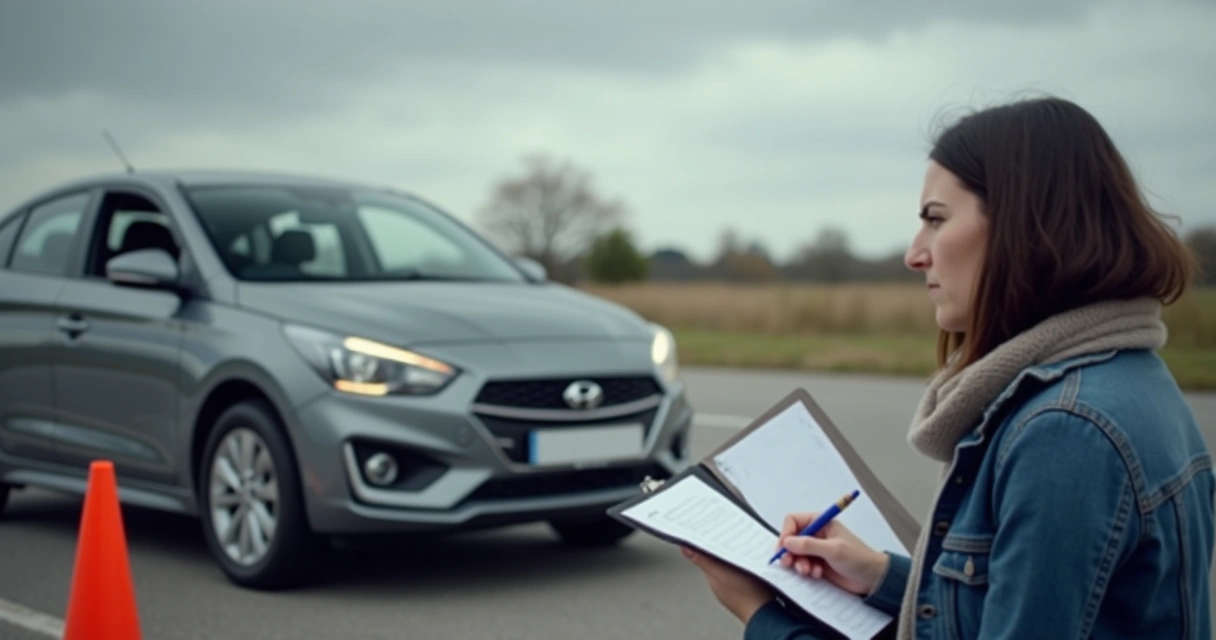Candidato errando baliza, examinador com prancheta anotando, cones ao lado do veículo, clima de tensão