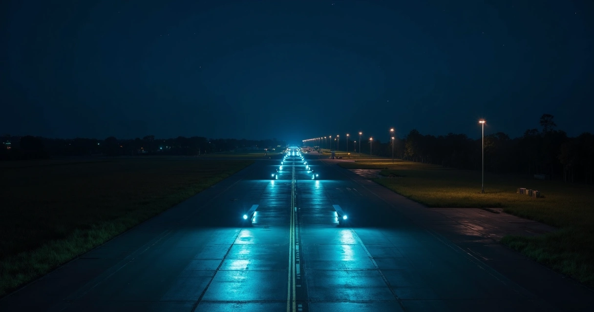 Luzes de balizamento ao longo de pista privada à noite