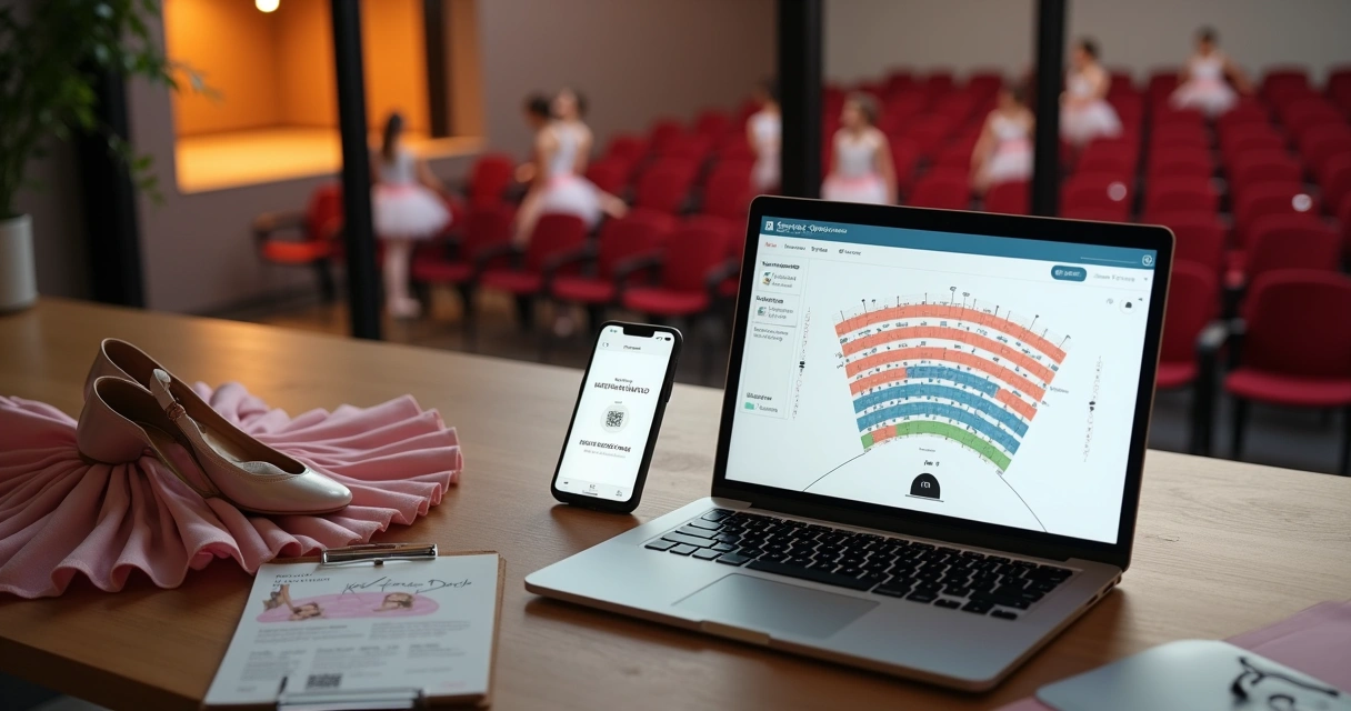Mapa digital de assentos para espetáculo de ballet em laptop com teatro ao fundo 