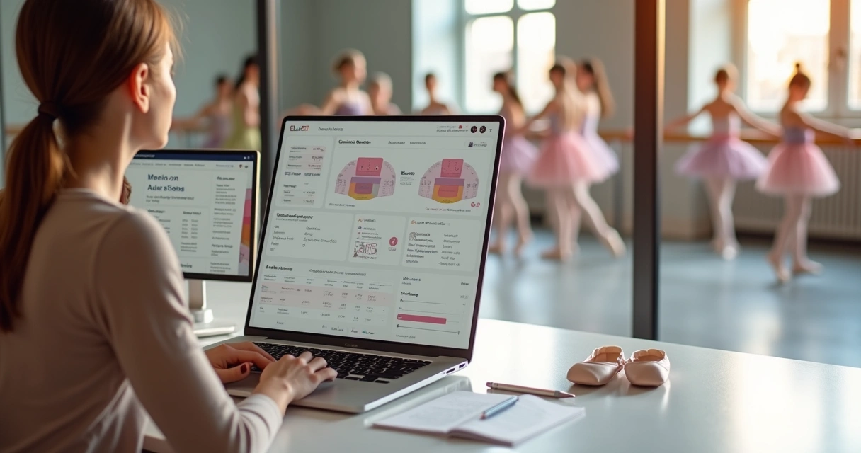 Professora de ballet organizando espetáculo em tela com sistema digital de ingressos 