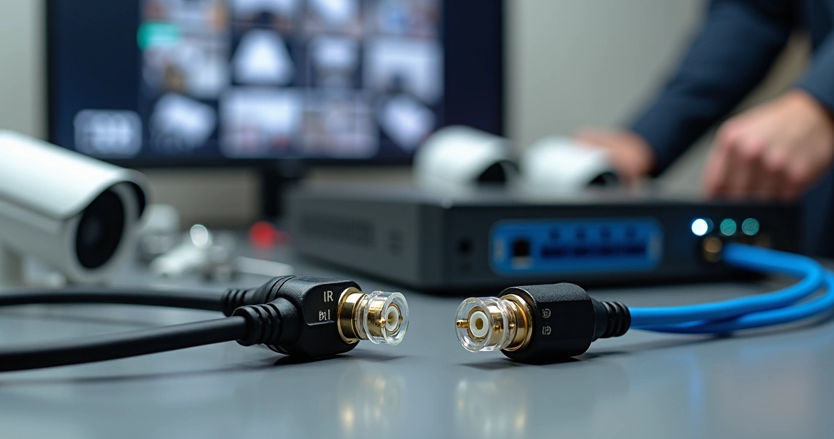 Balun de CFTV conectado a cabo de par trançado em instalação de segurança 