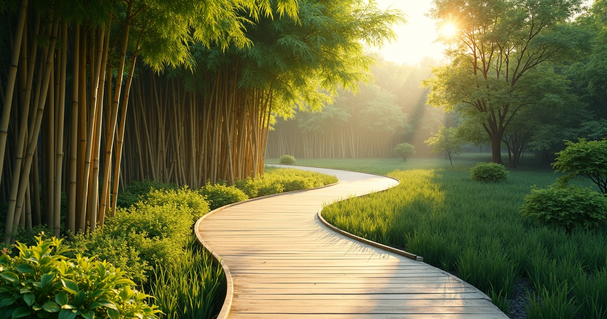 Bamboo walkway in eco-friendly garden 