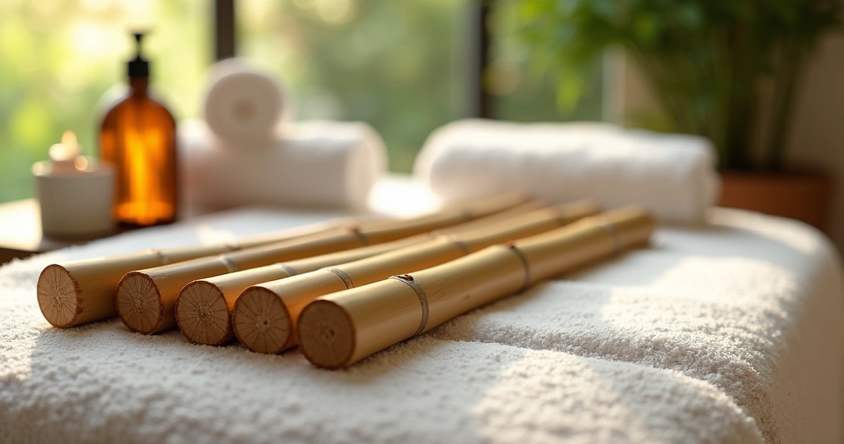 Vários bambus para massagem organizados em uma mesa de spa 