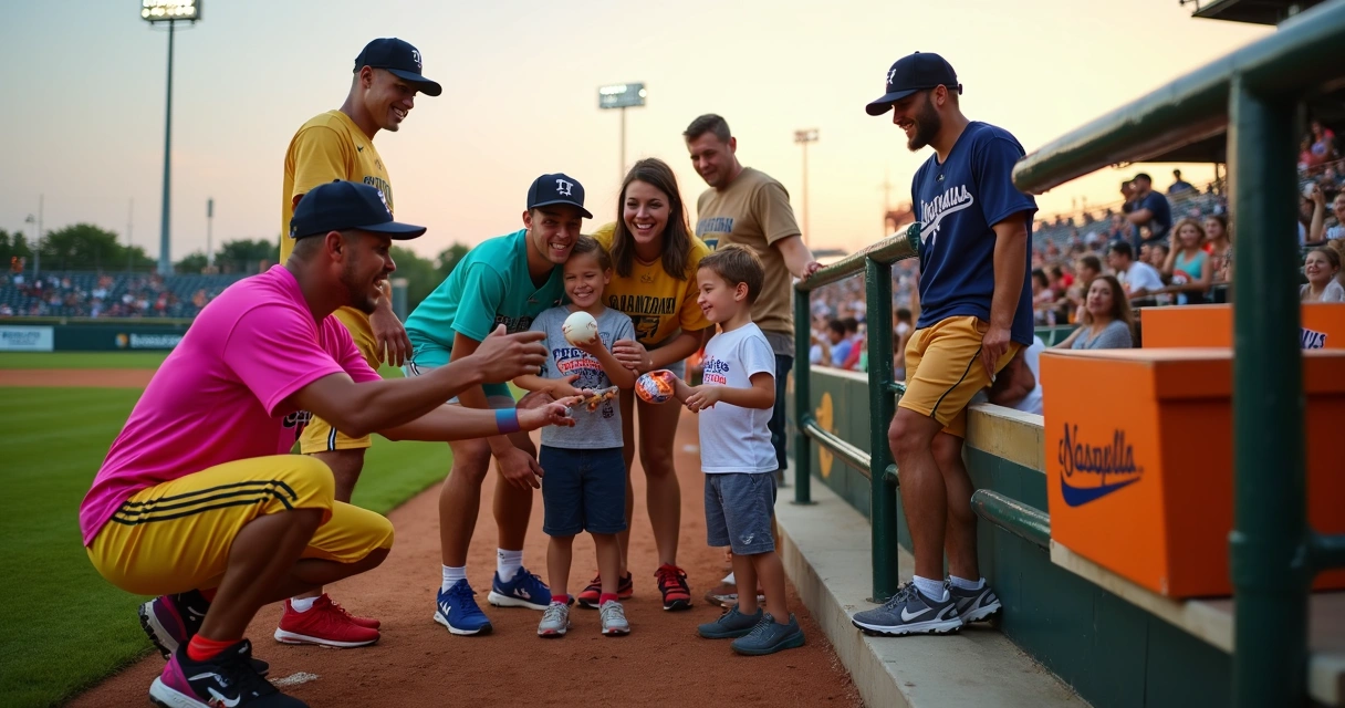 Jogadores de Banana Ball em campo com crianças e fãs em Nashville ao entardecer 