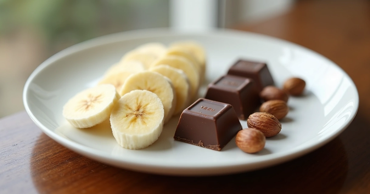 Banana, castanha do Pará e chocolate 70 por cento lado a lado em prato branco 