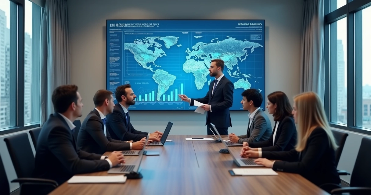 Equipe de advogados em reunião com IA em tela grande 