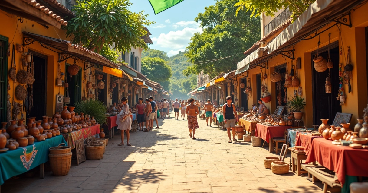 Banca de artesanato local em praça de Ilhéus