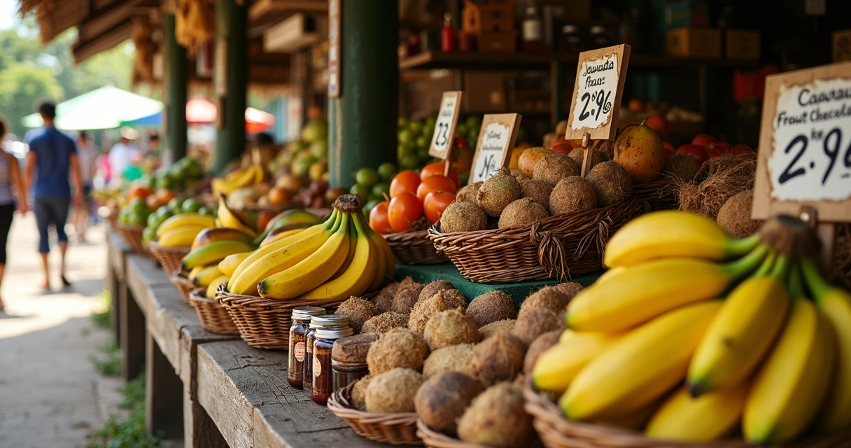 Banca com frutas tropicais e cacau em mercado 