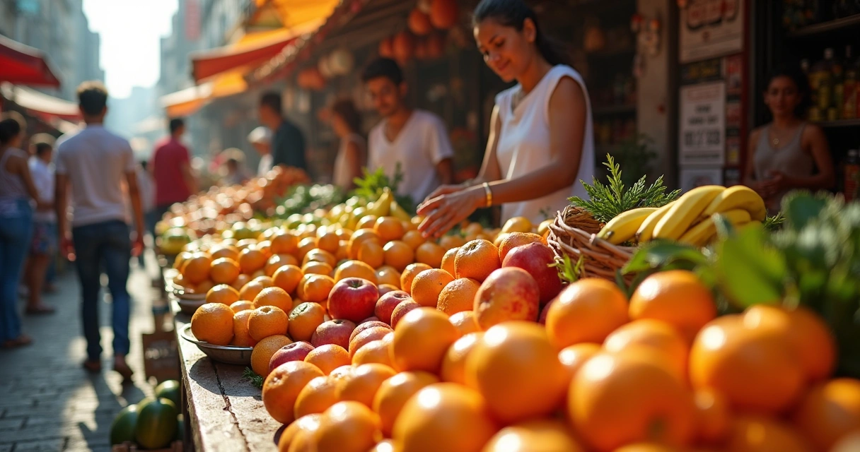 Banca com frutas variadas em feira livre 