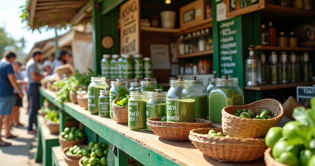 Banca de feira com produtos de moringa organizados 