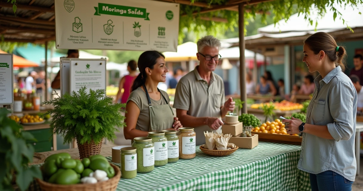 Banca organizada de moringa em feira livre com produtos e clientes curiosos 